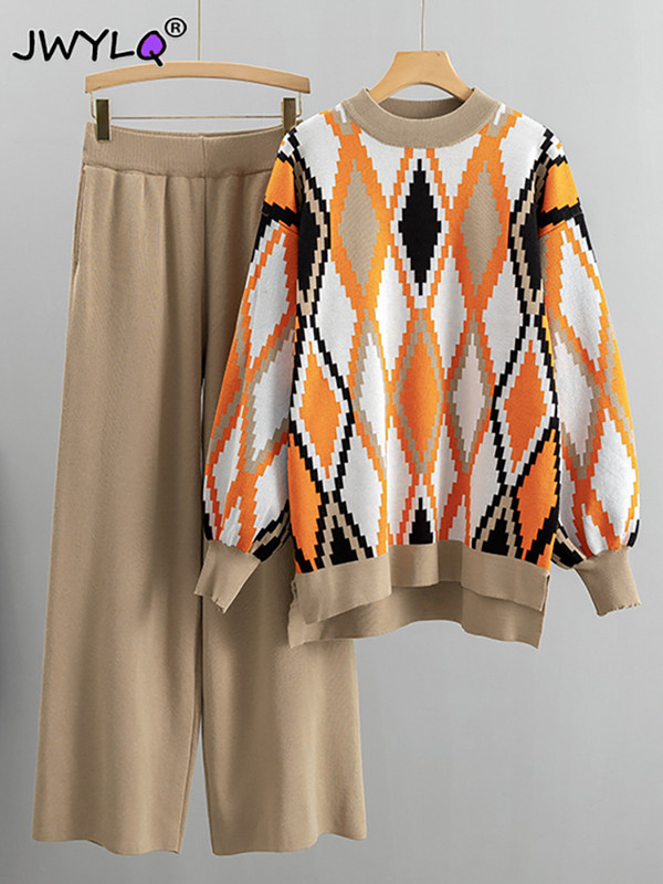 Debeli, topli Argyle pulover s O-izrezom Hlače širokih nogavica Jesen Zima Dvodijelni set ženskih uličnih širokih hlača