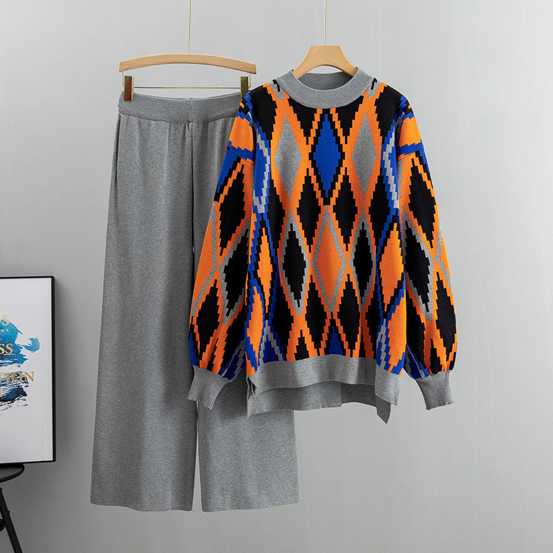 Debeli, topli Argyle pulover s O-izrezom Hlače širokih nogavica Jesen Zima Dvodijelni set ženskih uličnih širokih hlača