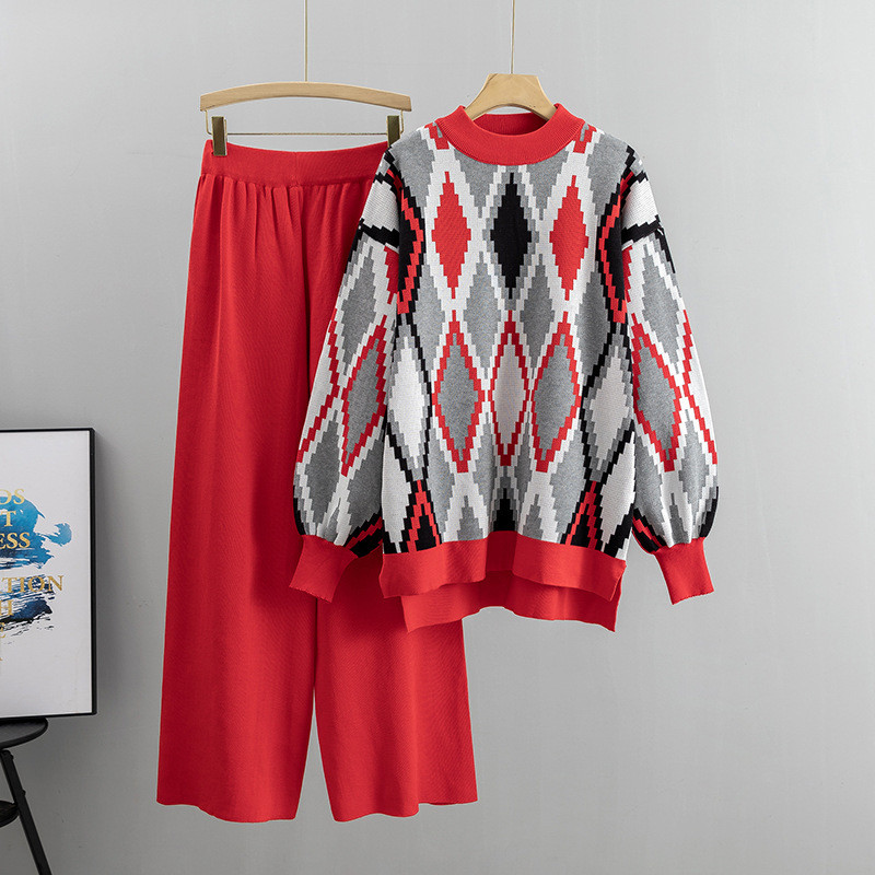 Debeli, topli Argyle pulover s O-izrezom Hlače širokih nogavica Jesen Zima Dvodijelni set ženskih uličnih širokih hlača