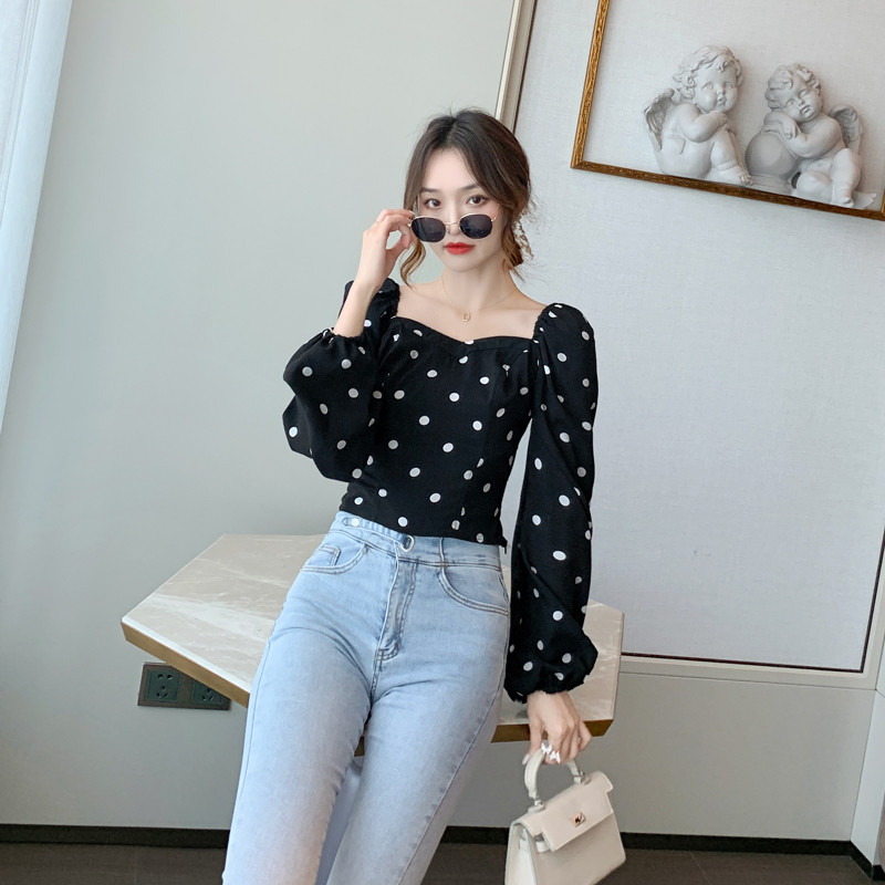 Bluza Femme 2020, nova jesen, točkasta crno-bijela majica s puf rukavima, šifonska košulja s četvrtastim ovratnikom, ležerna ženska košulja s dugim rukavima