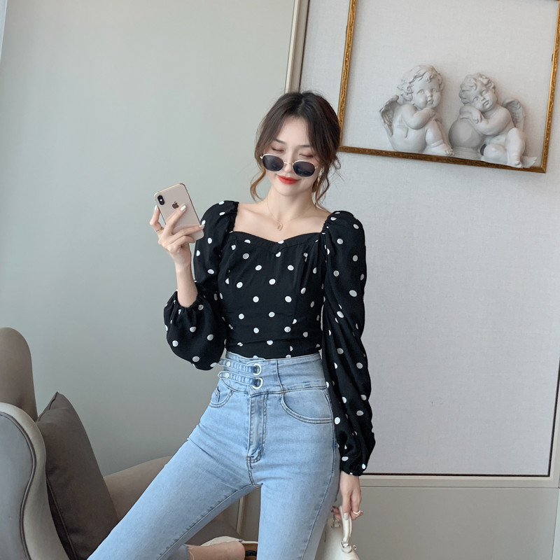 Bluza Femme 2020, nova jesen, točkasta crno-bijela majica s puf rukavima, šifonska košulja s četvrtastim ovratnikom, ležerna ženska košulja s dugim rukavima