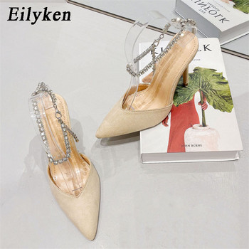 Eilyken Дамски помпи от сатен с остри пръсти Дизайнерски кристални верижки с каишка с каишка Тънък парти на висок ток Абитуриентски дамски обувки Slingback