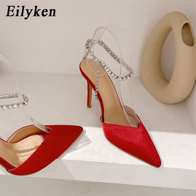 Eilyken, satin, cu vârf ascuțit, pantofi pentru femei, cu lanț de cristal, cu cataramă, cu cureaua subțire, cu toc înalt, pentru petrecere, bal de absolvire, pantofi pentru femei.