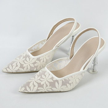 Eilyken 2024 Нова мода Дантелени дамски обувки с остри пръсти Елегантни плитки кристални токчета Банкетни сандали за стриптизьорки Мулета Дамски обувки