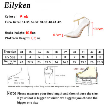 Eilyken PVC Transparent Jelly Woman Pumps Fashion Ankle Metal Chain Design Buckle Perspex High Heel Shoes Секси сандали за нощен клуб