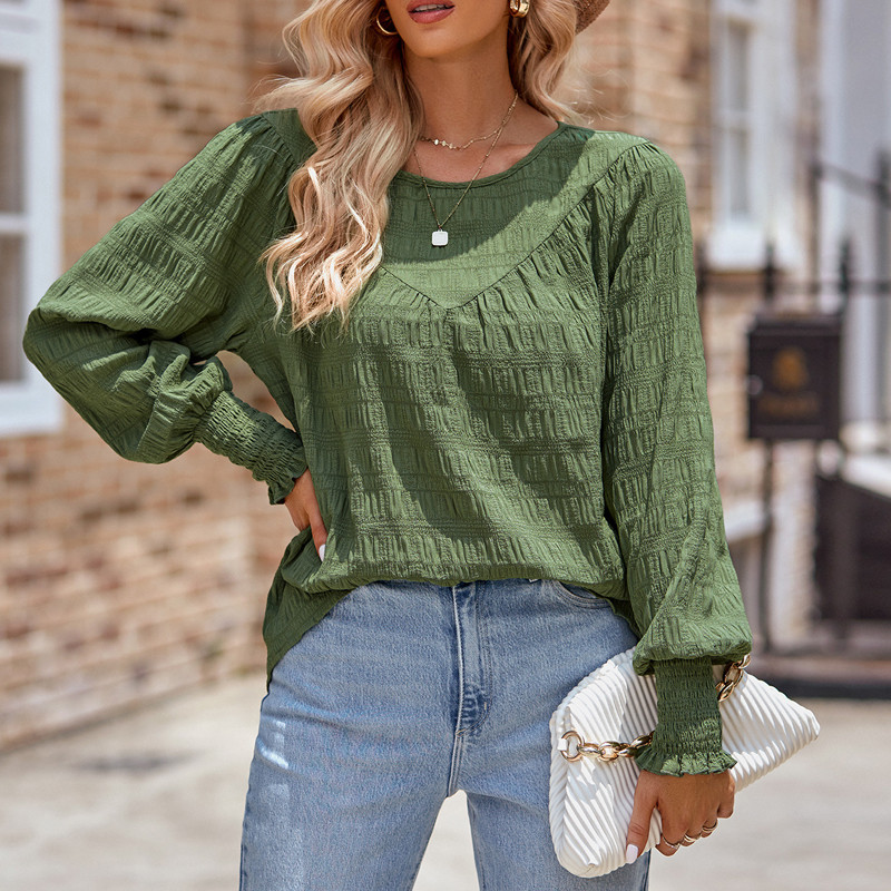 Pavasario ruduo Moterys Madingos solidžios ilgomis rankovėmis palaidinės su apvaliu kaklu Kasdieniai gatvių drabužiai Laisvi marškiniai Prašmatnūs paprasti viršutiniai drabužiai Blusa Mujer Moda