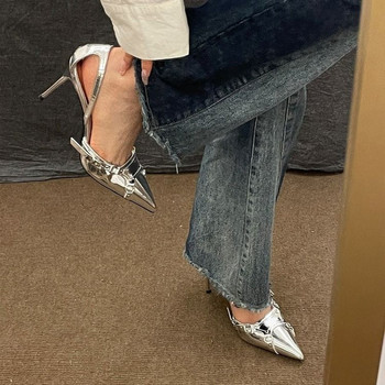 Сребърни нитове и остри пръсти, секси сандали с катарама, дамски сандали с лачена кожа, дамски обувки с гръб, рокля, 2023 г., нов дизайн