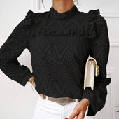 Jesenska ženska elegantna bluza s dugim rukavima i čipkom s volanima Izdubljena uredska majica Gornja ženska odjeća bluzka ženskaâ ropa de mujer