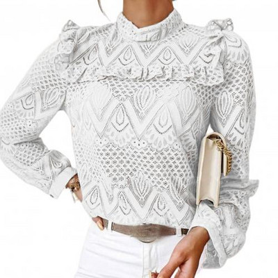 Jesenska ženska elegantna bluza s dugim rukavima i čipkom s volanima Izdubljena uredska majica Gornja ženska odjeća bluzka ženskaâ ropa de mujer
