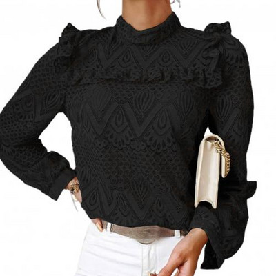 Jesenska ženska elegantna bluza s dugim rukavima i čipkom s volanima Izdubljena uredska majica Gornja ženska odjeća bluzka ženskaâ ropa de mujer