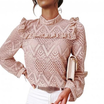 Jesenska ženska elegantna bluza s dugim rukavima i čipkom s volanima Izdubljena uredska majica Gornja ženska odjeća bluzka ženskaâ ropa de mujer