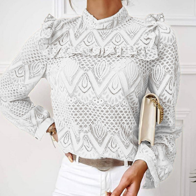 Jesenska ženska elegantna bluza s dugim rukavima i čipkom s volanima Izdubljena uredska majica Gornja ženska odjeća bluzka ženskaâ ropa de mujer