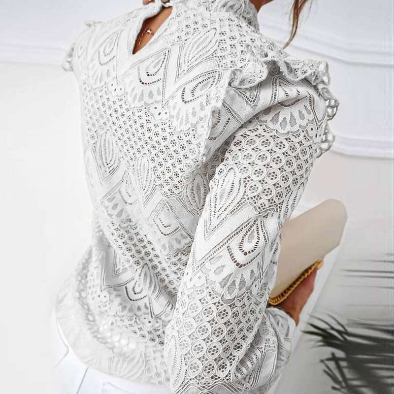 Jesenska ženska elegantna bluza s dugim rukavima i čipkom s volanima Izdubljena uredska majica Gornja ženska odjeća bluzka ženskaâ ropa de mujer