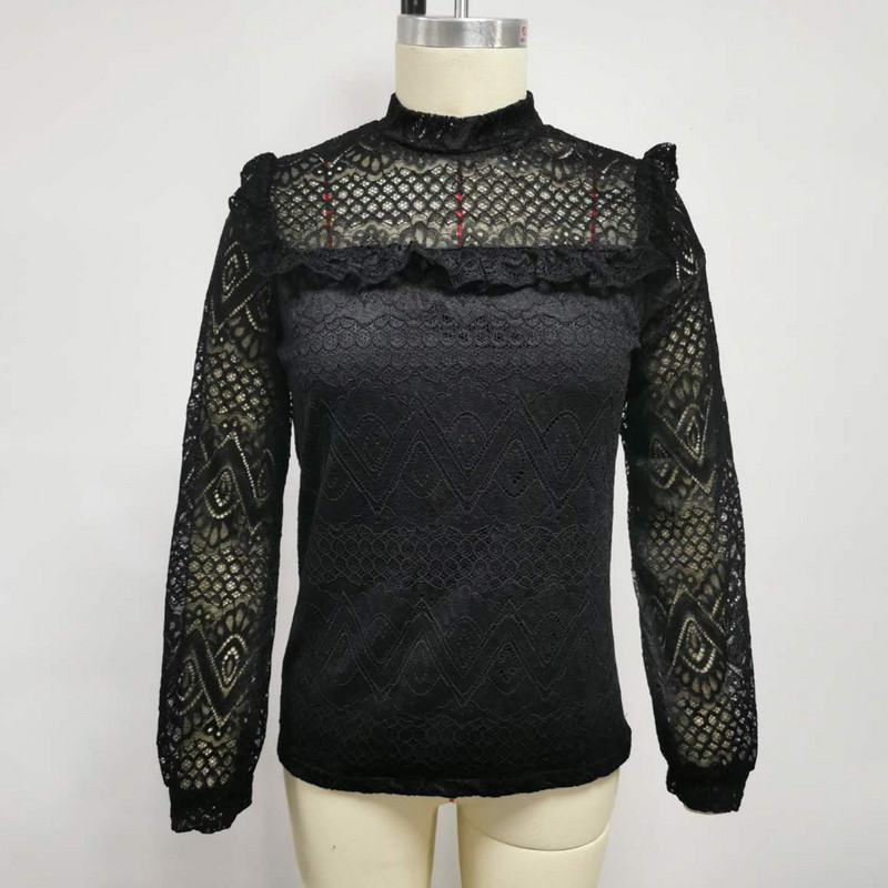 Jesenska ženska elegantna bluza s dugim rukavima i čipkom s volanima Izdubljena uredska majica Gornja ženska odjeća bluzka ženskaâ ropa de mujer