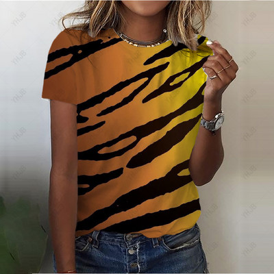 Tricou cu imprimeu vintage Y2K cu leopard, ocazional, cu decolteu în formă de tricou, pentru femei, cu imprimare în dungi, cu mânecă scurtă, pulovere pentru femei