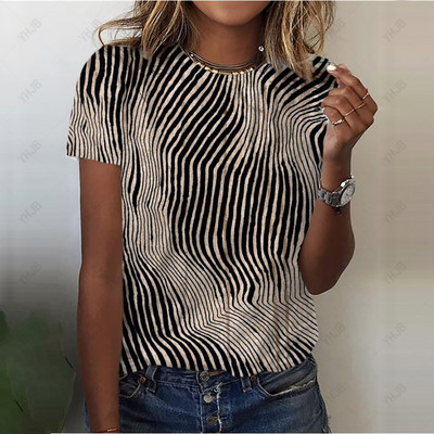 Tricou cu imprimeu vintage Y2K cu leopard, ocazional, cu decolteu în formă de tricou, pentru femei, cu imprimare în dungi, cu mânecă scurtă, pulovere pentru femei