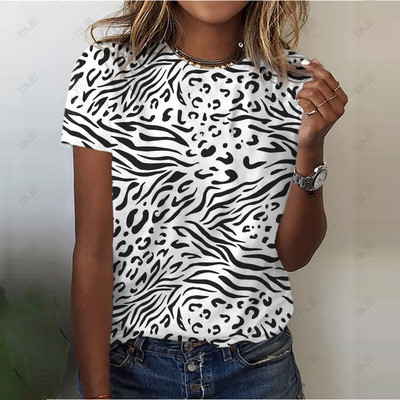 Tricou cu imprimeu vintage Y2K cu leopard, ocazional, cu decolteu în formă de tricou, pentru femei, cu imprimare în dungi, cu mânecă scurtă, pulovere pentru femei