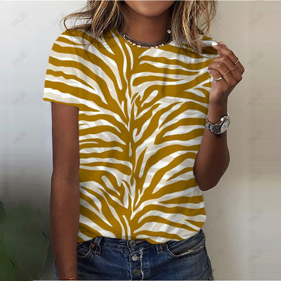 Tricou cu imprimeu vintage Y2K cu leopard, ocazional, cu decolteu în formă de tricou, pentru femei, cu imprimare în dungi, cu mânecă scurtă, pulovere pentru femei