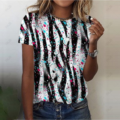 Tricou cu imprimeu vintage Y2K cu leopard, ocazional, cu decolteu în formă de tricou, pentru femei, cu imprimare în dungi, cu mânecă scurtă, pulovere pentru femei
