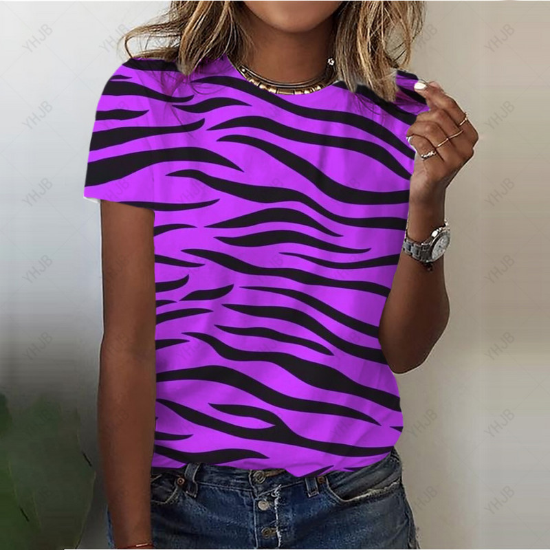 Tricou cu imprimeu vintage Y2K cu leopard, ocazional, cu decolteu în formă de tricou, pentru femei, cu imprimare în dungi, cu mânecă scurtă, pulovere pentru femei