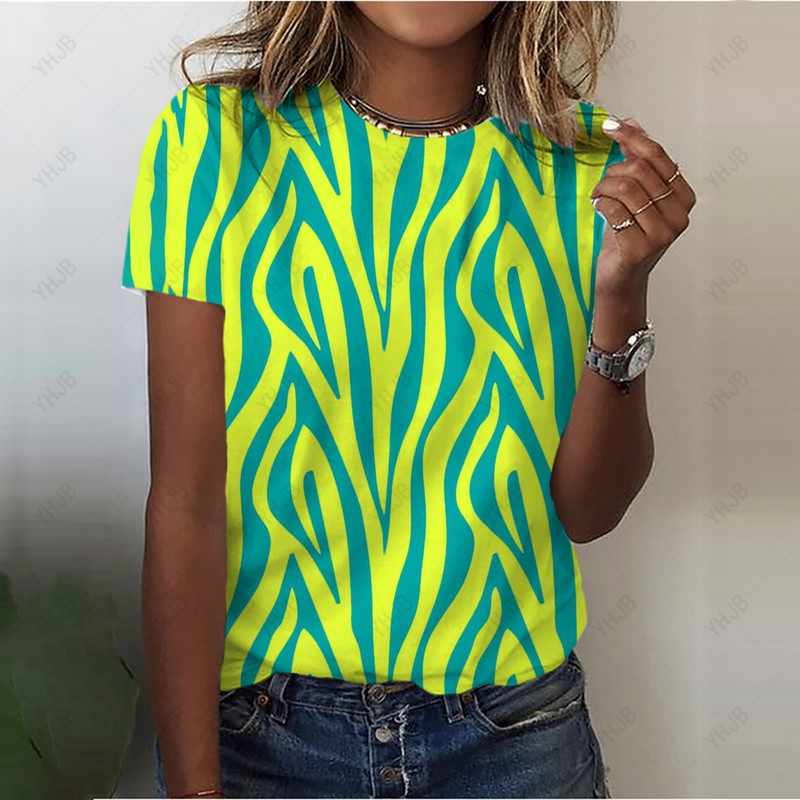 Tricou cu imprimeu vintage Y2K cu leopard, ocazional, cu decolteu în formă de tricou, pentru femei, cu imprimare în dungi, cu mânecă scurtă, pulovere pentru femei