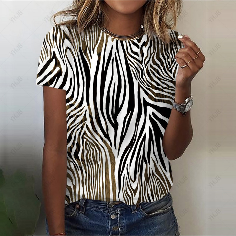 Tricou cu imprimeu vintage Y2K cu leopard, ocazional, cu decolteu în formă de tricou, pentru femei, cu imprimare în dungi, cu mânecă scurtă, pulovere pentru femei