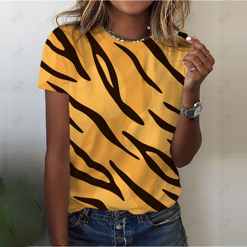 Tricou cu imprimeu vintage Y2K cu leopard, ocazional, cu decolteu în formă de tricou, pentru femei, cu imprimare în dungi, cu mânecă scurtă, pulovere pentru femei