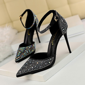 BIGTREE Дамски летни нови модни средни сандали с каишка от кристали PU 10CM Тънки токчета Модни дамски дамски обувки Черни