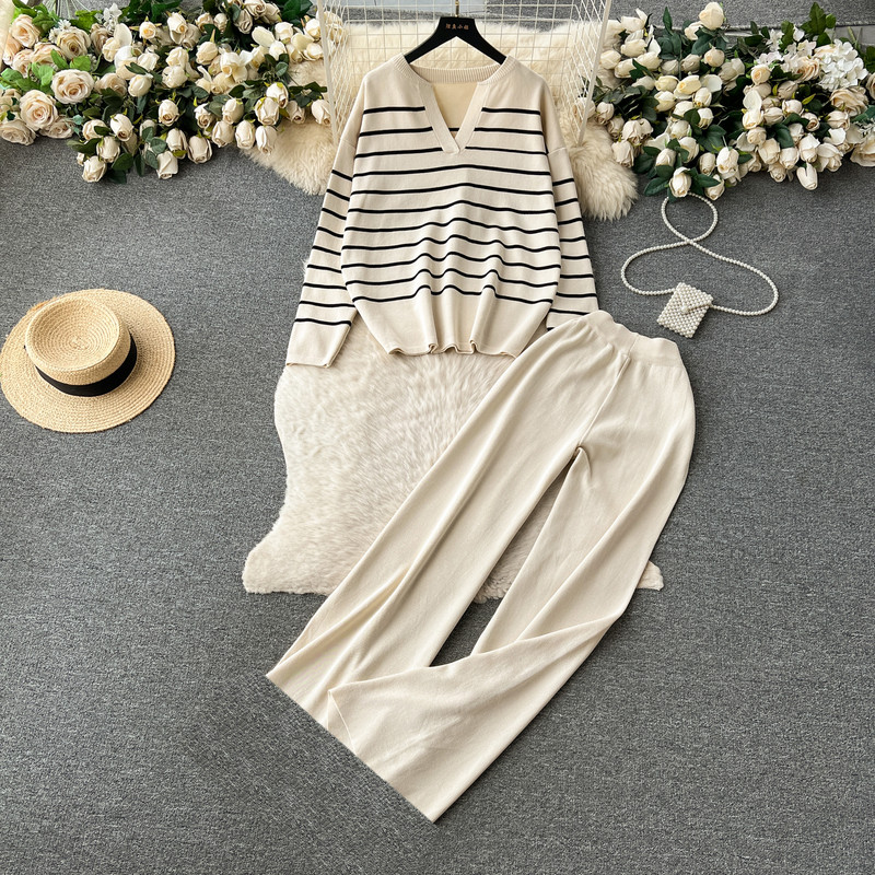 Set de pantaloni de pulover de femeie, tricotat de iarnă, pulovere casual, costume cu mânecă lungă, toamnă, topuri, pantaloni de pulover eleganti cu dungi elastice