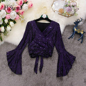 2020 rudens ziema jauns sieviešu V-veida kakla izgriezums ar piedurknēm, mežģīņu krekls, sequins krekls sieviešu elegants bling blūzes sieviešu krekli tops