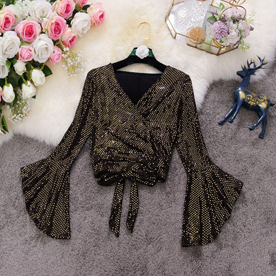 2020 rudens ziema jauns sieviešu V-veida kakla izgriezums ar piedurknēm, mežģīņu krekls, sequins krekls sieviešu elegants bling blūzes sieviešu krekli tops