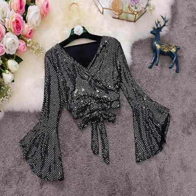 2020 rudens ziema jauns sieviešu V-veida kakla izgriezums ar piedurknēm, mežģīņu krekls, sequins krekls sieviešu elegants bling blūzes sieviešu krekli tops