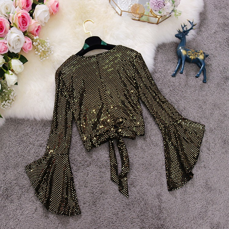 2020 sügistalv uus naiste V-kaelus Flare varrukatega pits wasit litrid särk naiste elegantsed bling pluusid naiste särgid topp