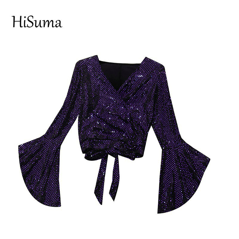 2020 sügistalv uus naiste V-kaelus Flare varrukatega pits wasit litrid särk naiste elegantsed bling pluusid naiste särgid topp