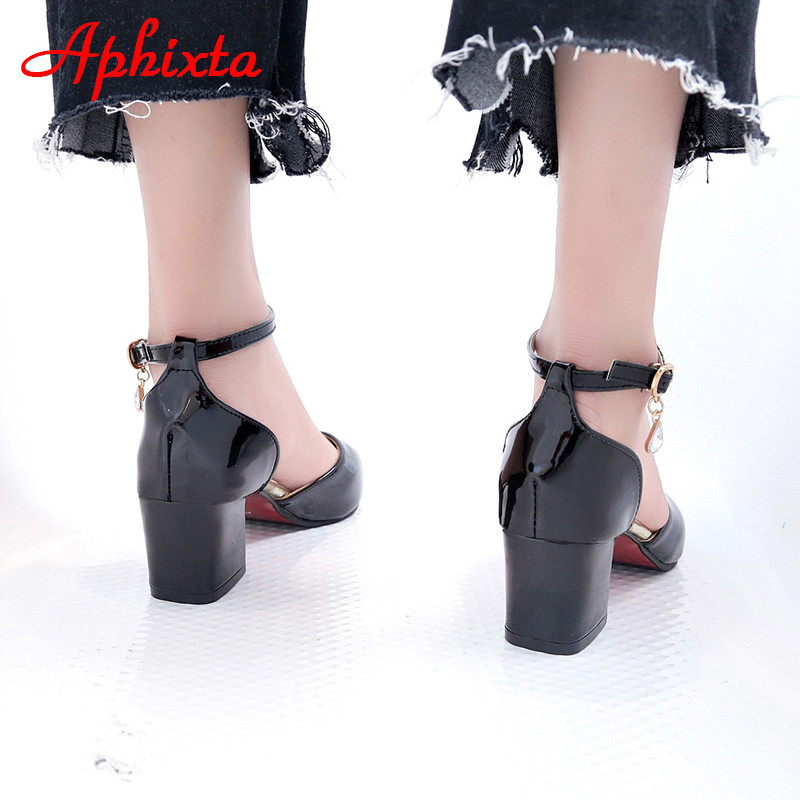 Aphixta Lakirane cipele sa četvrtastom petom od 7 cm, ženske ljetne cipele sa šiljatim prstima, ležerne, kristalne, kopča, radne cipele za zabavu, velike veličine 33-50