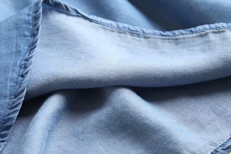 Dámska džínsová blúzka s výšivkou, svetlomodrá, mäkká džínsová blúzka, lem, O-krk, tri štvrťové rukávy, volániky, ležérna košeľa, sladký top