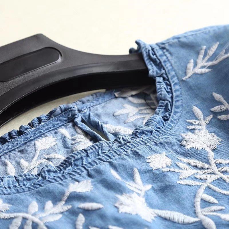 Dámska džínsová blúzka s výšivkou, svetlomodrá, mäkká džínsová blúzka, lem, O-krk, tri štvrťové rukávy, volániky, ležérna košeľa, sladký top