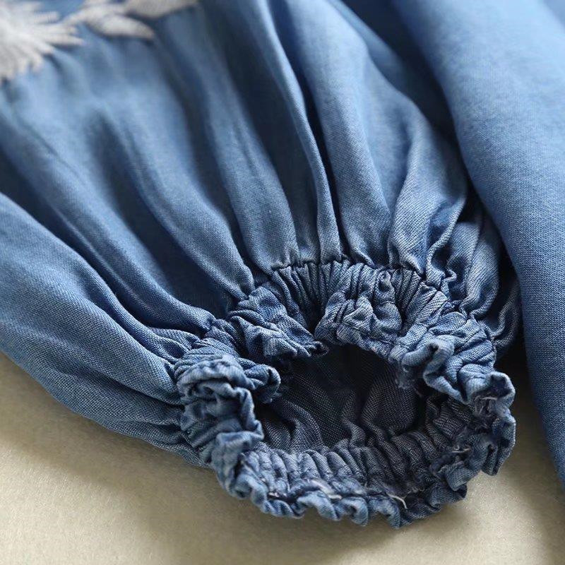 Dámska džínsová blúzka s výšivkou, svetlomodrá, mäkká džínsová blúzka, lem, O-krk, tri štvrťové rukávy, volániky, ležérna košeľa, sladký top