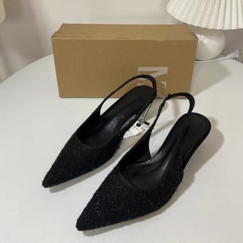 TRAF Casual Sequin Pumps Mules για Γυναικείες Σέξι Μυτερό Τακούνι Παπούτσια Slingbacks Sexy Black Heels Woman Kitten Heel Pumps Νέο