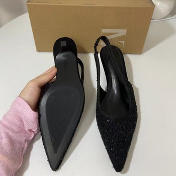 TRAF Casual Sequin Pumps Mules για Γυναικείες Σέξι Μυτερό Τακούνι Παπούτσια Slingbacks Sexy Black Heels Woman Kitten Heel Pumps Νέο