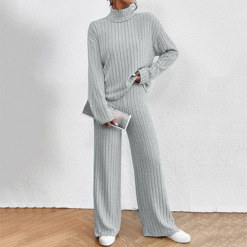 Jesen i zima 2023. Ženski pleteni dvodijelni set s visokim izrezom, ležerni jednobojni pulover, široke nogavice, odijelo s drapiranim hlačama