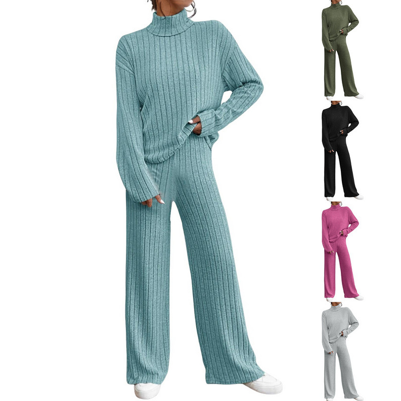 Jesen i zima 2023. Ženski pleteni dvodijelni set s visokim izrezom, ležerni jednobojni pulover, široke nogavice, odijelo s drapiranim hlačama