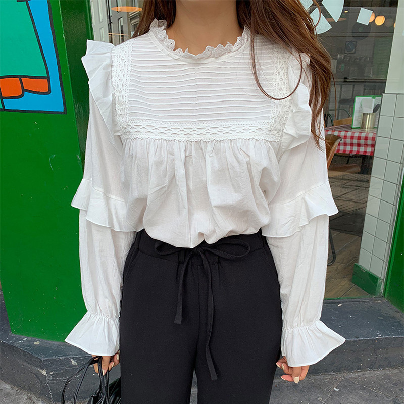 Dámske blúzky s voľným stojacím golierom Falbala, košele, jar/leto 2020, topy s plným rukávom, elegantné biele košele