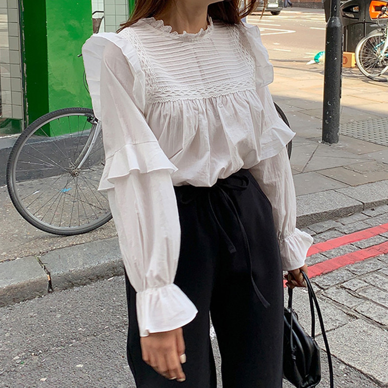 Dámske blúzky s voľným stojacím golierom Falbala, košele, jar/leto 2020, topy s plným rukávom, elegantné biele košele