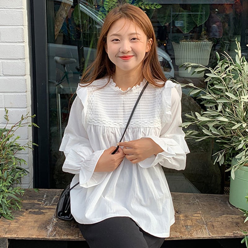 Dámske blúzky s voľným stojacím golierom Falbala, košele, jar/leto 2020, topy s plným rukávom, elegantné biele košele