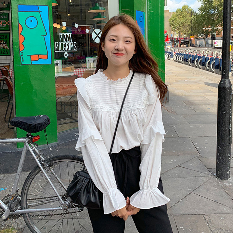 Dámske blúzky s voľným stojacím golierom Falbala, košele, jar/leto 2020, topy s plným rukávom, elegantné biele košele