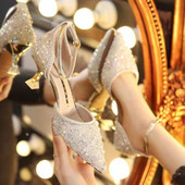2023 Mireasă, Tocuri înalte, Rochie de mireasă din cristal, Pantofi de cristal, Arcuri cu vârfuri, Ascuțit, Luxos, Doamnă elegantă, Pantofi de sticlă la gleznă