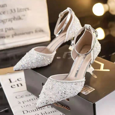 2023 Mireasă, Tocuri înalte, Rochie de mireasă din cristal, Pantofi de cristal, Arcuri cu vârfuri, Ascuțit, Luxos, Doamnă elegantă, Pantofi de sticlă la gleznă