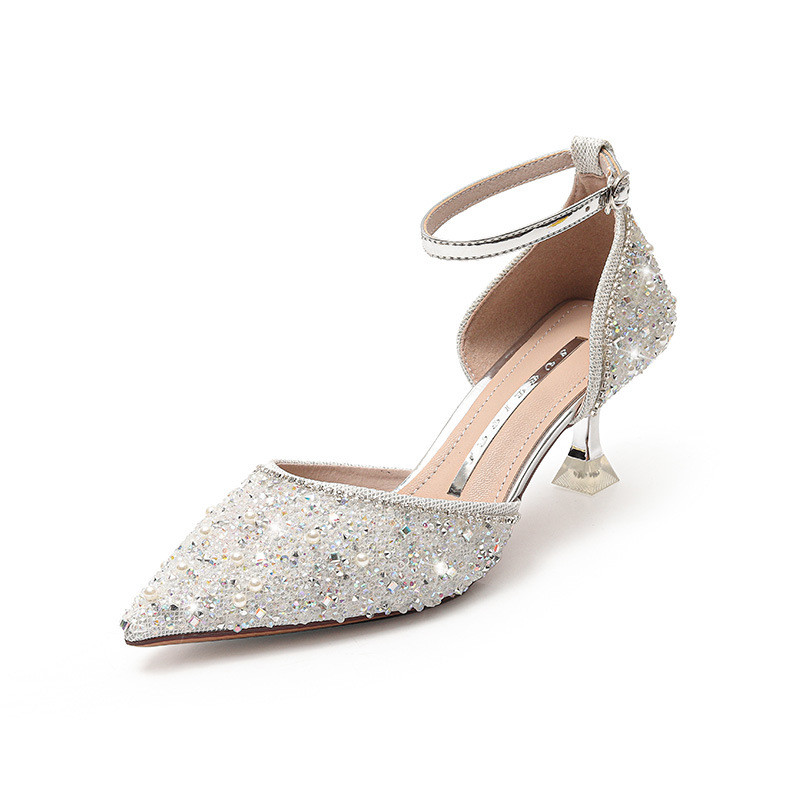 2023 Mireasă, Tocuri înalte, Rochie de mireasă din cristal, Pantofi de cristal, Arcuri cu vârfuri, Ascuțit, Luxos, Doamnă elegantă, Pantofi de sticlă la gleznă