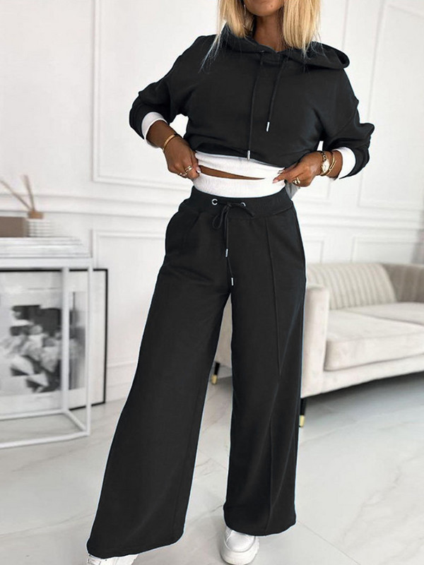 Dámske nohavice s vreckami a širokými nohavicami, voľný outfit, ženský streetwear s dlhým rukávom a nohavicami, ležérny jednofarebný set, jeseň/zima, nový